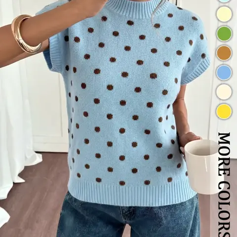 Women's Striped Mock-Neck Knit Short-Sleeve Top, Casual Versatile, for Spring & Summer, Daily Commute and Outdoor Activities