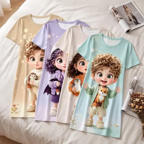 4 Pack Women's Short Sleeve Crew Neck Sleep Dress, All-Season Wear, Easy Care Cartoon Animal Print Nightgown Nighty, Comfortable Fit for Daily Wear, Midday Naps and Night Sleep