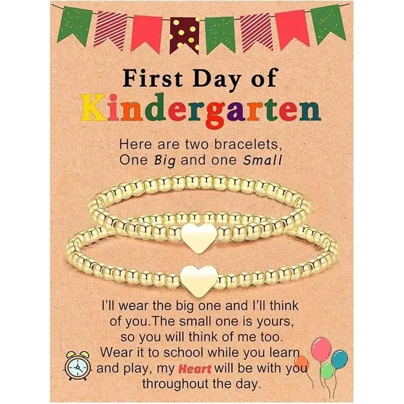 2-Piece Matching Heart Shape Beads + Charm Bracelet Set for Mommy and Me, First Day of Kindergarten Preschool Mother-Daughter Bracelets with Message Card, Two Piece Set, Matching Sets