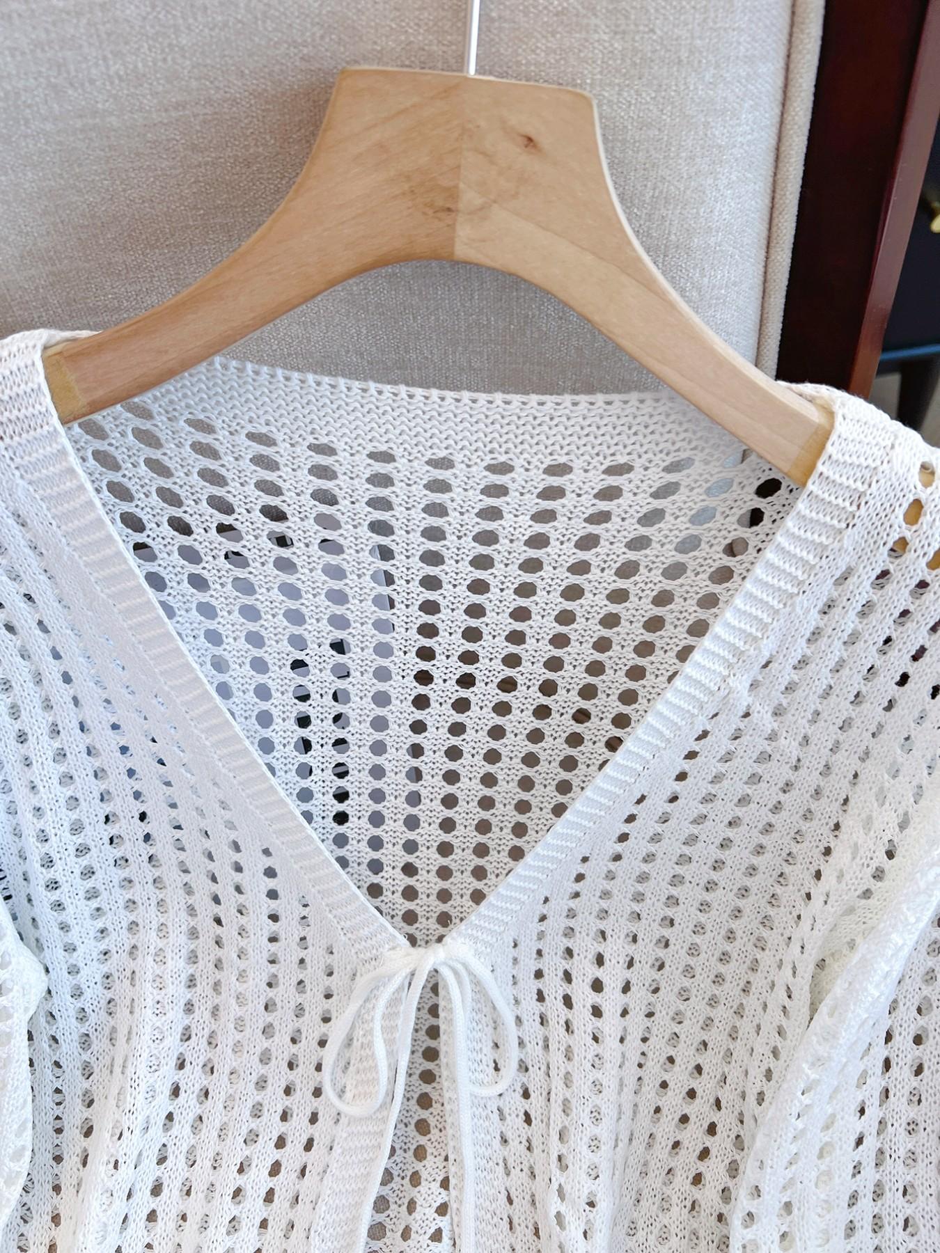 Women's Solid Hollow Out Sweater Cardigan, Casual Adjustable Tie Front Long Sleeve Knit Cardigan for Summer, Fashion Women's Knitwear for Daily Wear, Tops