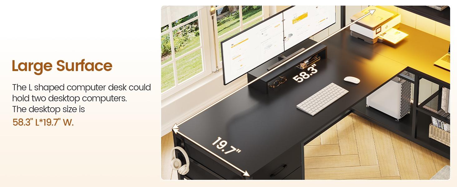 SEDETA L-Shape 58-Inch Desk with Drawers and with Storage Shelves and LED Lights for Home Office and Gaming, Furniture Ergonomic Tables Cabinets