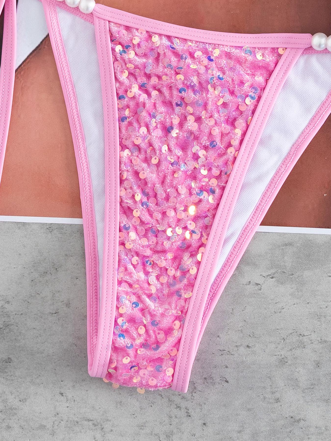 Women's Sequined Halter Bikini Set, Elegant Twist Back Tie Beaded Swimwear, Perfect for Resort Beach Evening Date Summer