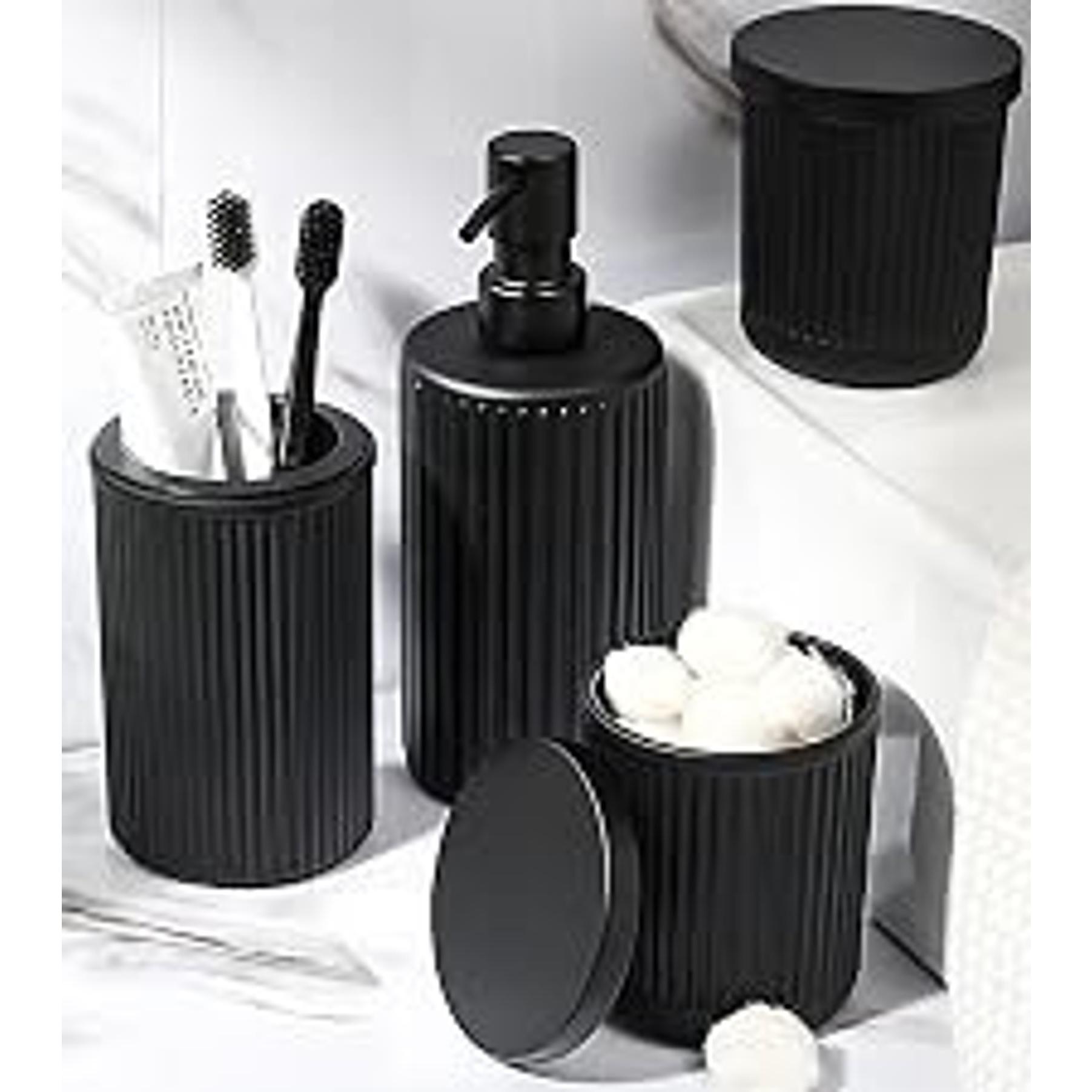 Matte Black 4-Pc Glass Bathroom Accessories Set - Stainless Steel Pump Soap Dispenser, Toothbrush Holder, Wipe-Clean Organiser, Qtip Holder for Modern Home Sink Decor