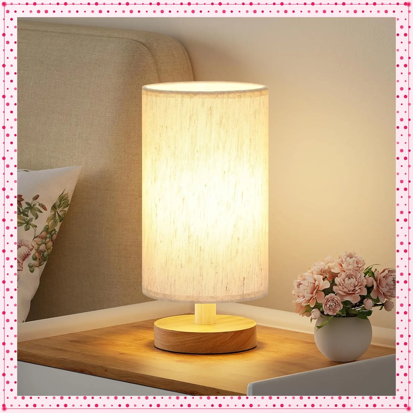 9-inch Small Table Lamp with Cream Shade and Wood Base, 3000K Bulb, 680 Lumens, Inline Control, E26, Minimalist Design for Bedroom, Kitchen, and Kids Room, Easy AssemblyGift