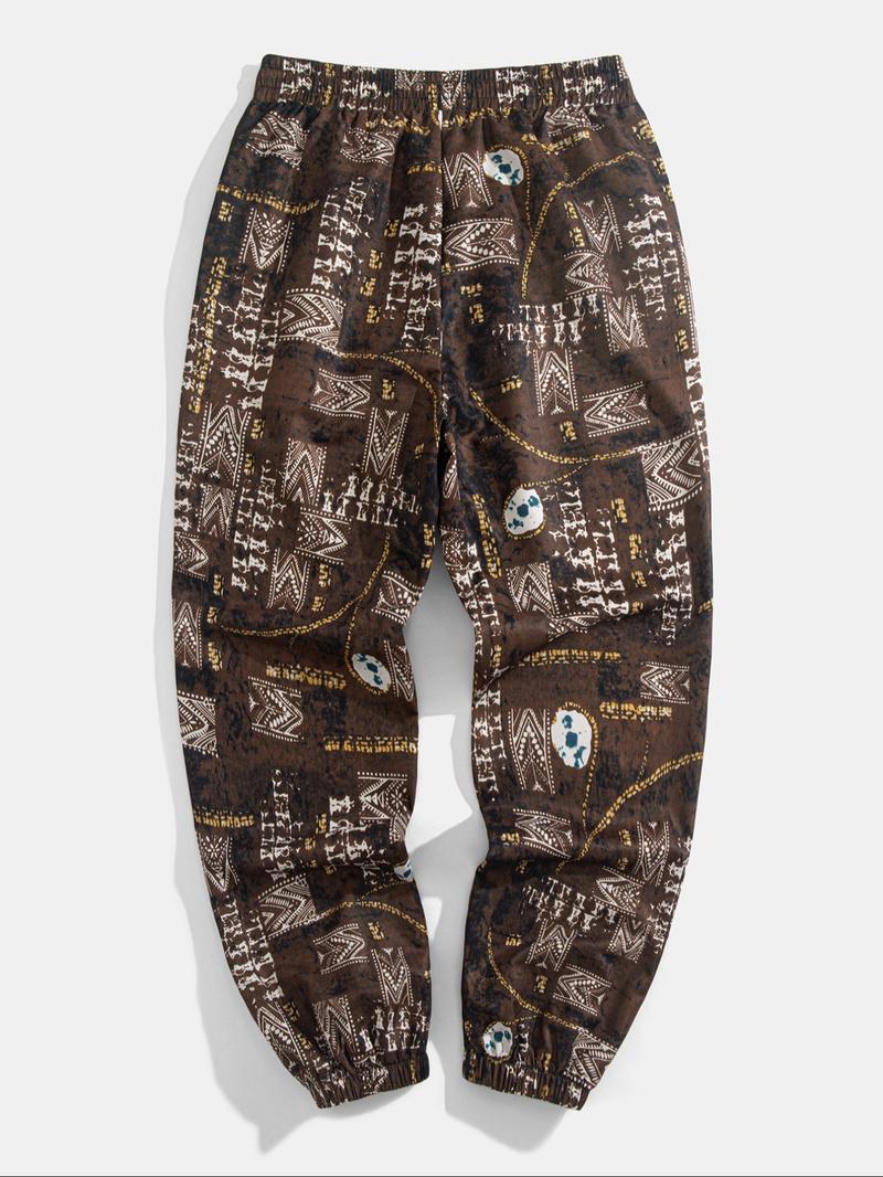 Men's Ethnic Pattern Drawstring Waist Pants, Boho Casual Comfy Trousers for Daily Wear, Men's Bottoms for Summer, Menswear
