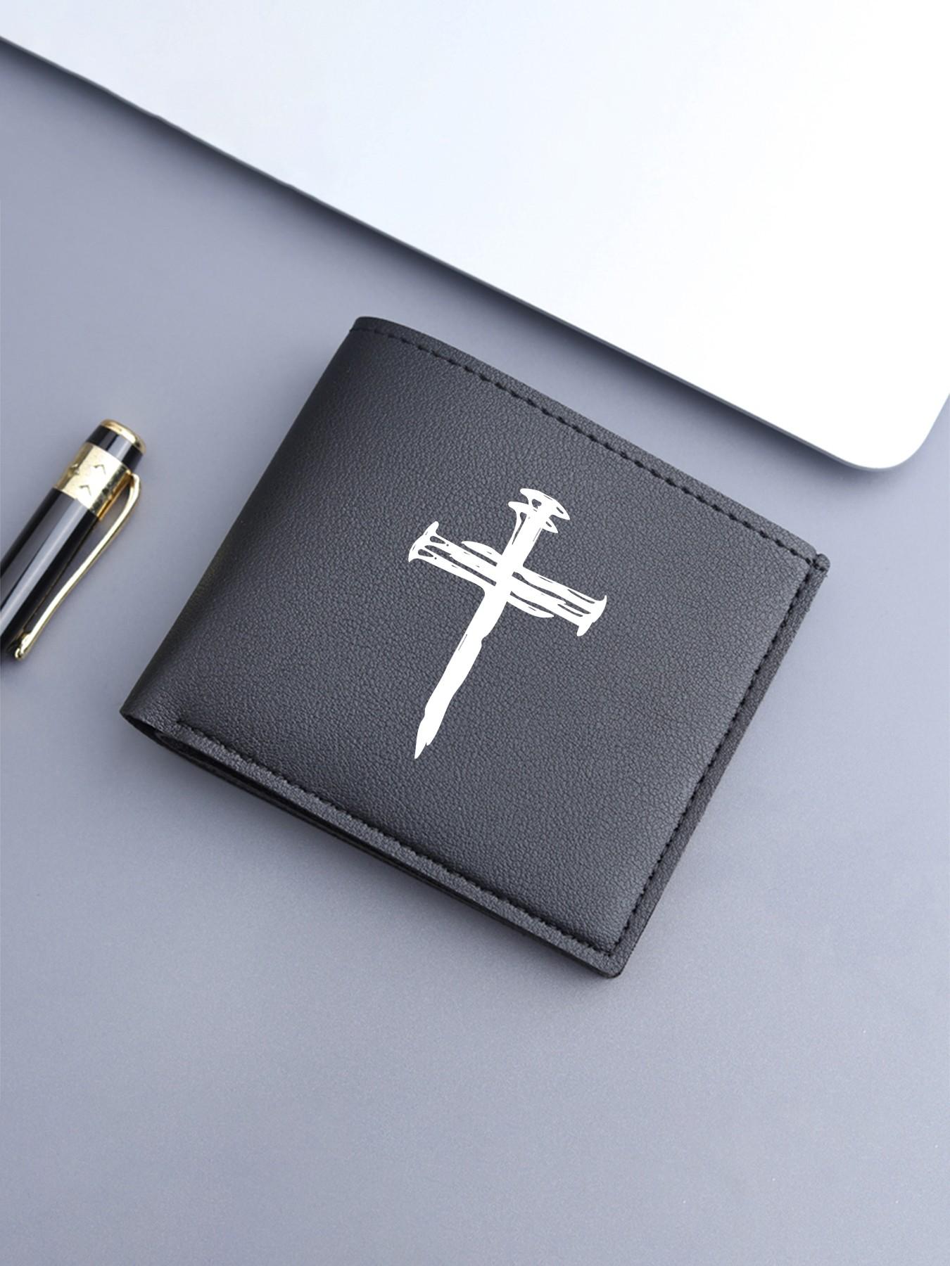 Neutral Style PU Leather Cross Print Wallet, Compact Foldable Card Holder, Unisex Lightweight Religious Money Clip, Ideal for Work, School, Travel