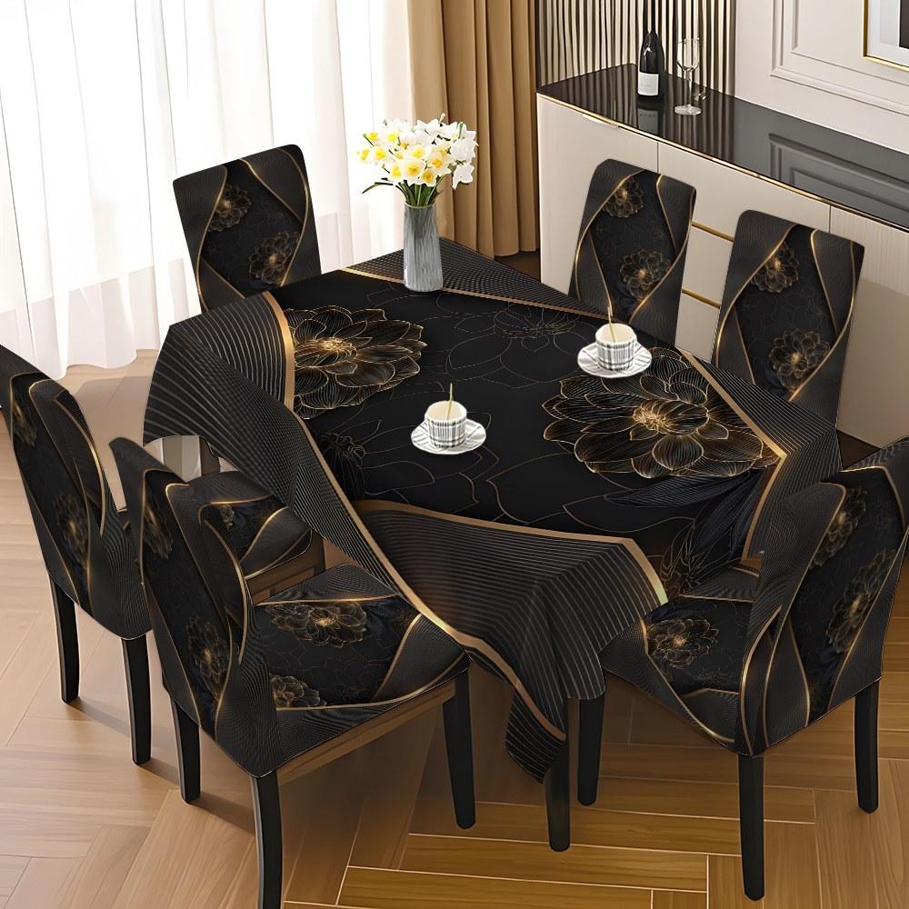 5/7-piece 2D Flat Printing Black - gold Floral Curve Splicing Printing Pattern Tablecloth and Chair Cover Set, for dining table and chair decoration, perfect for home, holiday gatherings, restaurants, and parties.