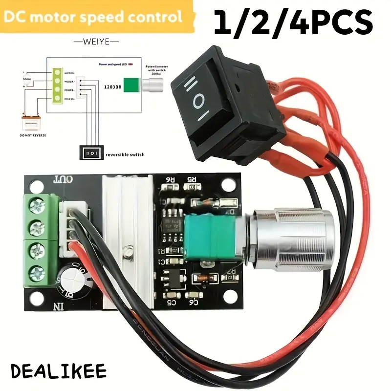 [Adjustable PWM, 6V-28V] 1/2/4pcs Bidirectional DC Motor Speed Controller - Adjustable PWM, 6V-28V 3A 80W, Compact Design With Crocodile Clip For Easy Wiring, 1203BB Chip, Black And Green Circuit Boards