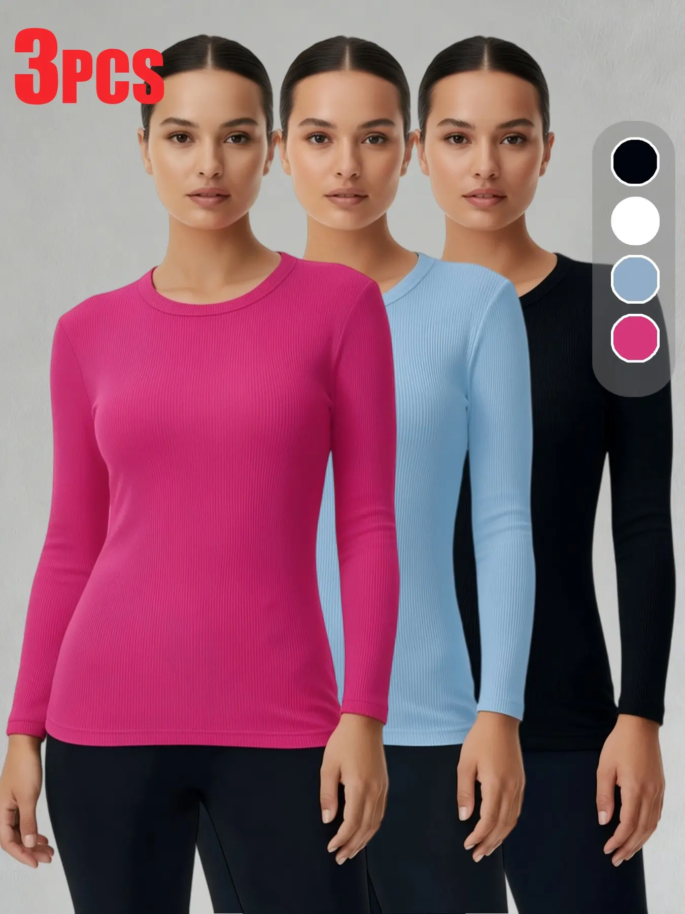 3-Pack Women's Plain Ribbed Round Neck Long Sleeve T-Shirts, Slim Fit Stretchy Soft Basic Tees, Daily Commute Casual Wear Top