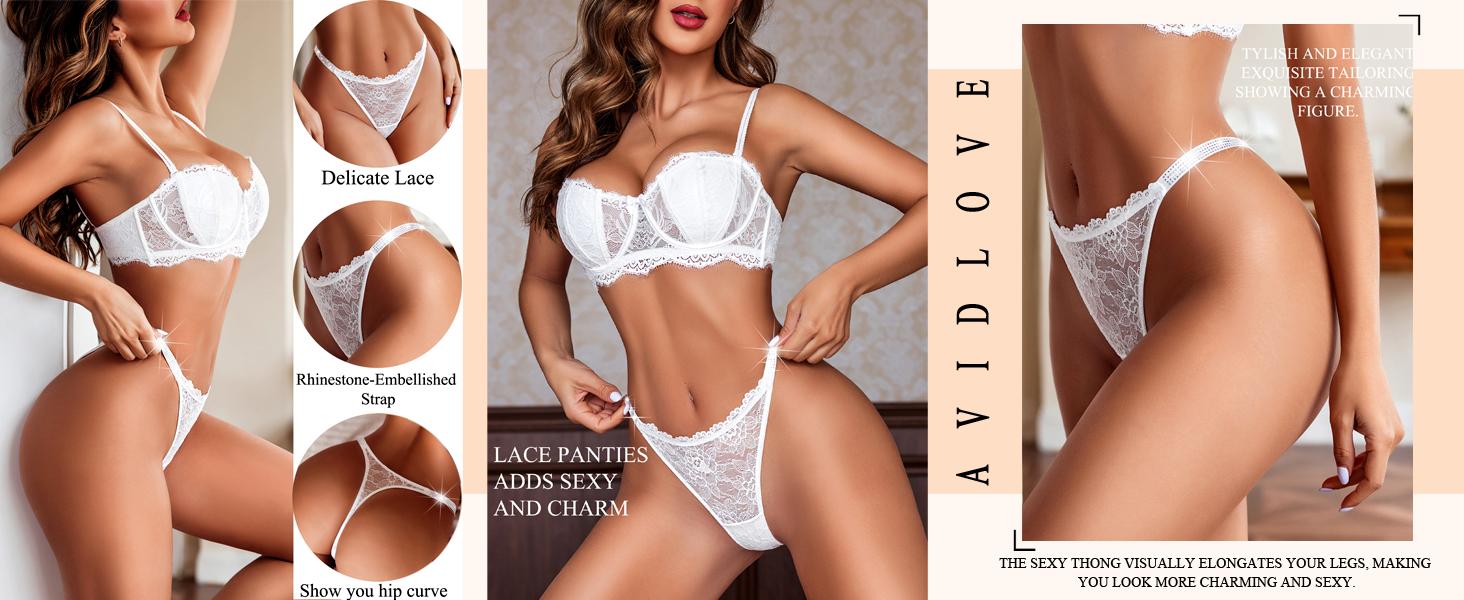 Avidlove Lace Thongs for Women with Rhinestone-Embellished Strap Cheeky Underwear Panties 1-3 Pack
