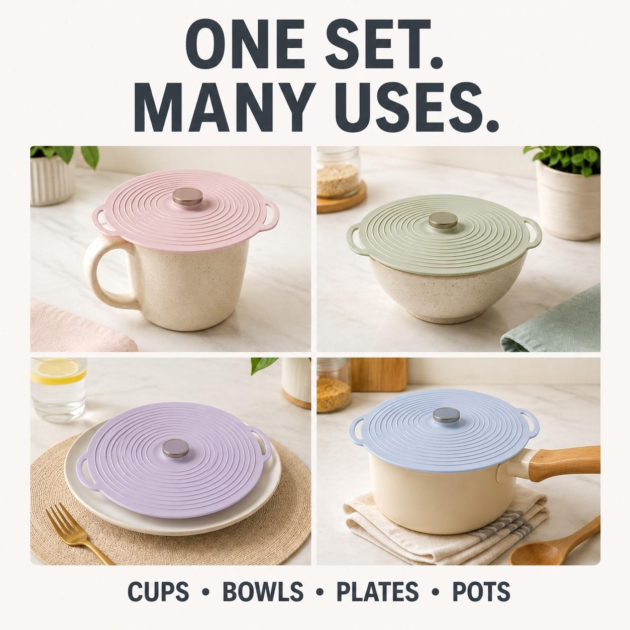 Silicone Lids for Bowls, 8 Pack Reusable Microwave Splatter Covers, 6 Sizes Heat-Resistant Lids for Cups, Plates, Pots, Pans and Skillets, Oven, Fridge & Dishwasher Safe