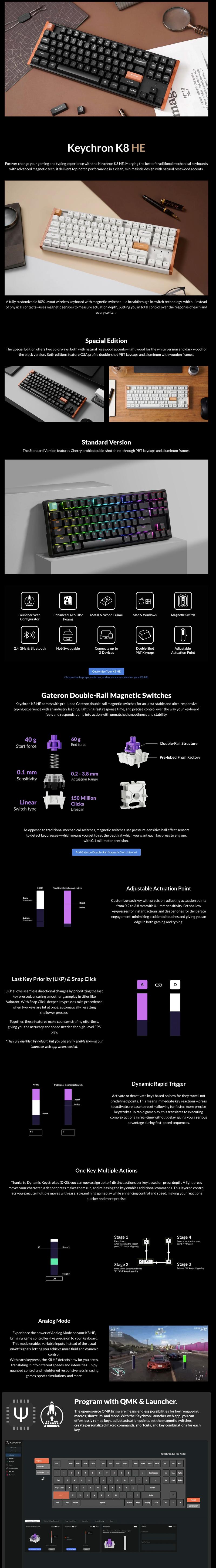 Keychron K8 HE 80% Wireless Mechanical Keyboard – RGB, Hall Effect Magnetic Switch, Rapid Trigger, QMK, Aluminum-Wood Frame, Mac/Win/Linux