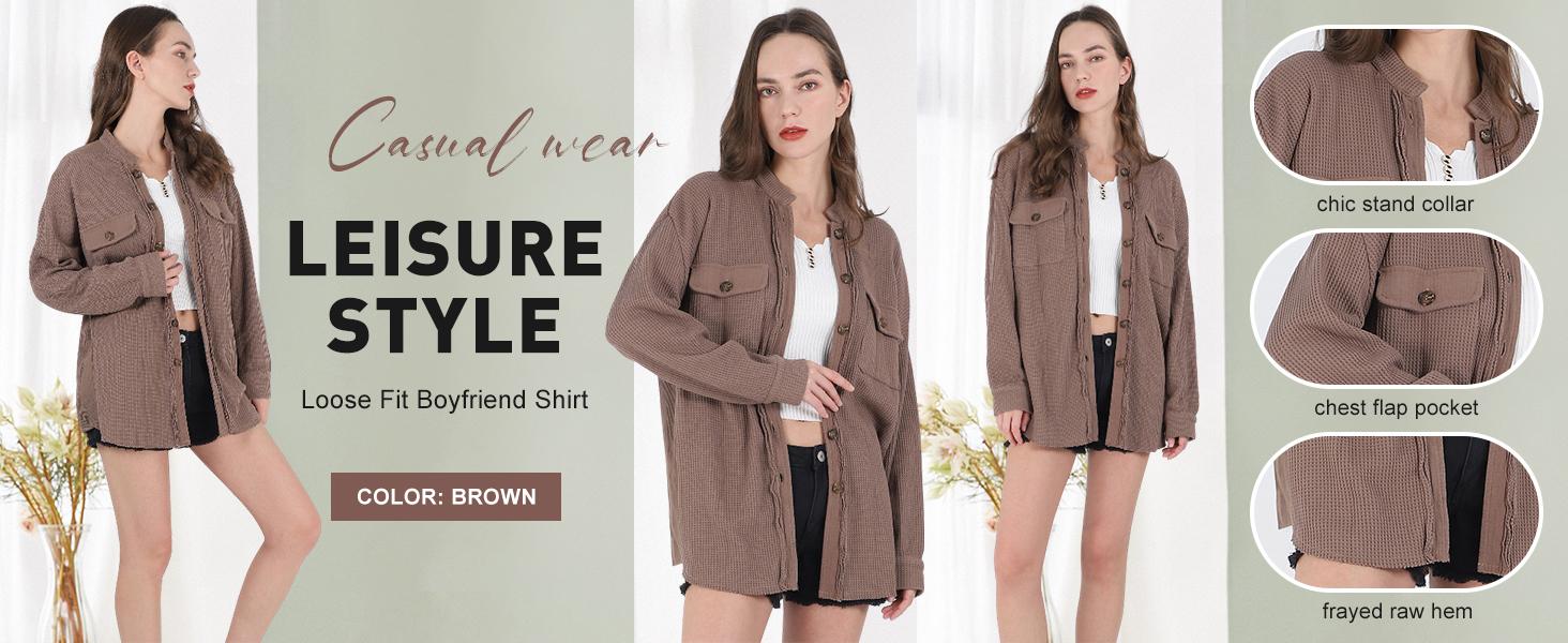 CHOUYATOU Women's Loose Fit Batwing Sleeve Waffle Knit Button Down Shirt Shacket Tops for Spring Fall Winter Casual Chic Office Wear SpringStatements