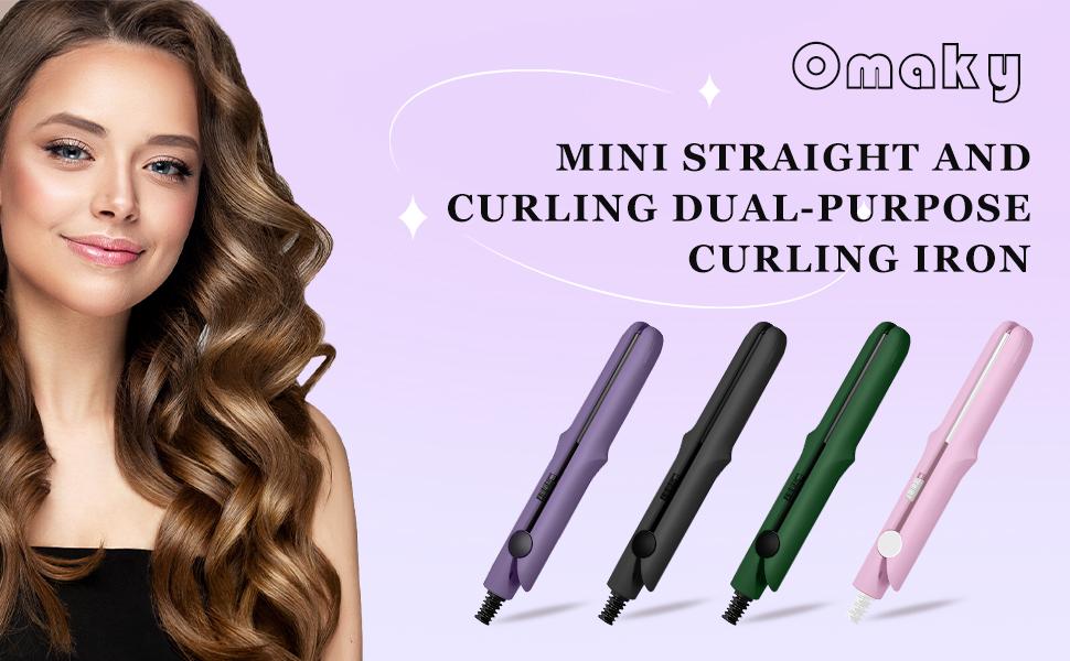 Omaky Upgraded 2-in-1 Mini Curling Wand Flat Iron Hair Straightener,Mini Dual Purpose Curling Flat Iron, Long-Lasting Portable Travel Curling Wand for Women Girls Short Hair, All Hair Types(Pink)