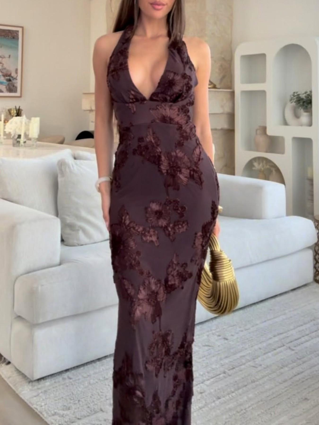 Elegant V-Neck Sleeveless Backless Dress with Floral Embellishments, Slim-Fitting Evening Gown for Dates & Formal Events, Long Party Dress