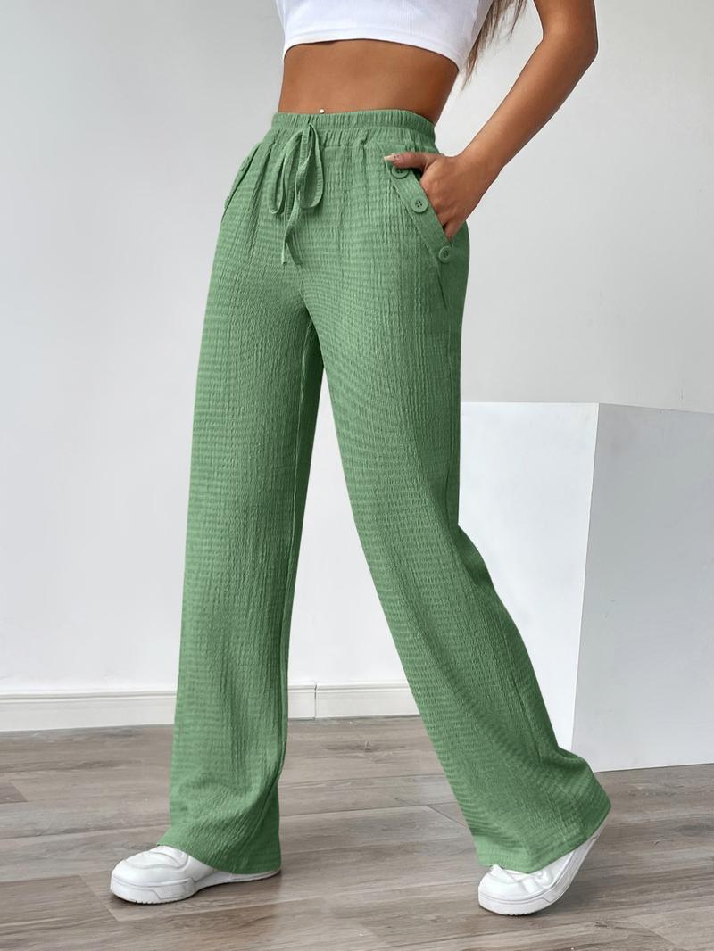 Women's Autumn Casual Faux Drawstring Texture Pocket Pants, Comfortable Long Trousers for Daily Wear, Stylish Ladies' Fashion Apparel, Womenswear, Bottoms