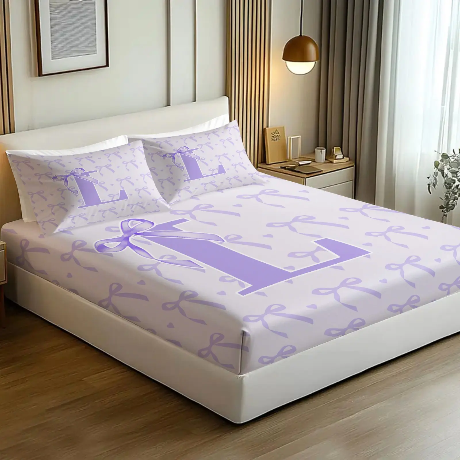 3Pcs Purple Bow Letter L Fitted Sheet Set, Light Purple Cute Bow & Letter L Print Fitted Sheet with 2 Pillowcases, Soft Breathable All Round Elastic Fitted Sheet, Sweet Aesthetic Bedding Set for Bedroom Dorm Home Decor, Printed Sheets