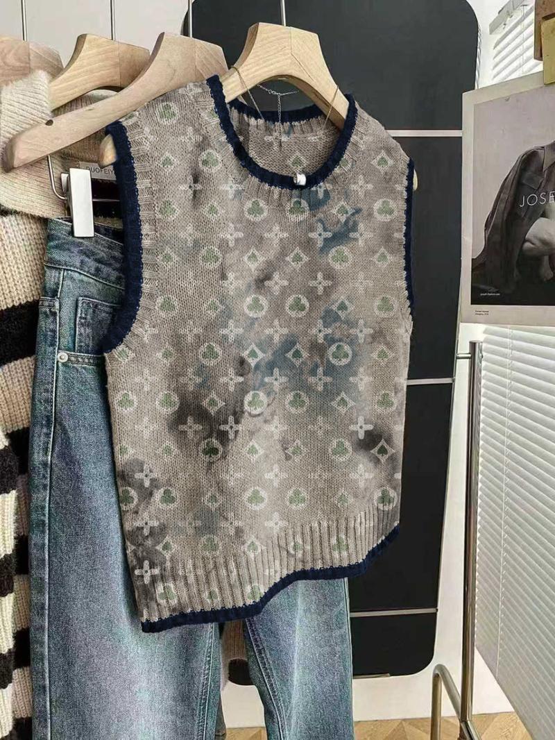 Women's Casual Loose-Fitting Round Neck Sleeveless Knit Top, Colorblock Deep Blue Edge Clover Print, Fall Winter