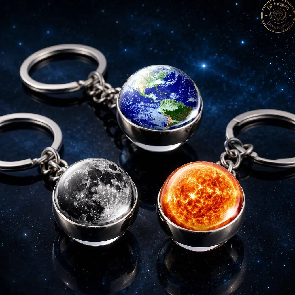 Solar System Planet Keychain, Double Sided Glass Ball Space Charm, Metal Key Ring, Lightweight Durable Astronomy Decorative Accessory, For Daily Carry, Backpack Ornament, Science Themed Gift For Space Lovers,Cute Charms Keychain