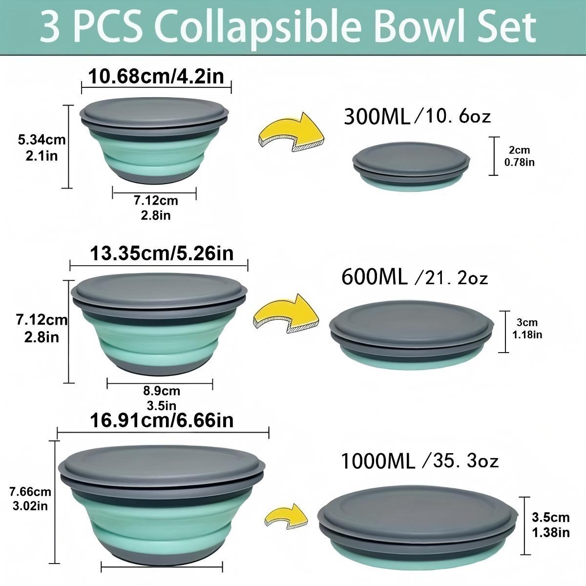 3-Pack Foldable Camping Bowls with Lids, Expandable Food Storage Containers, Stackable Durable Bowls for Salad and Lunch, Essential Camping Gear