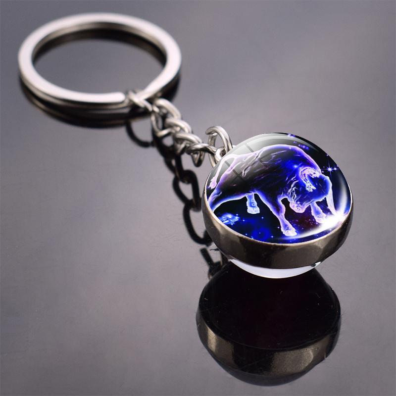 New Fashion Double Side Glass Ball Pendant Keychain 12 Zodiac Signs Keyring for Boyfriend Girlfriend Birthday Gifts