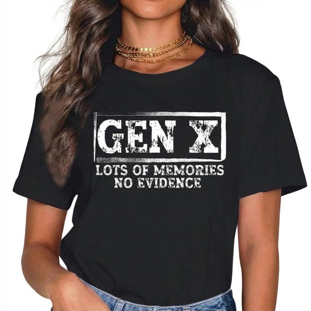 Gen X Lots Of Memories No Evidence Funny Graphic T-Shirt Vintage Distressed Crewneck Tee For Men Women Unisex Casual Short Sleeve Top 80s 90s Nostalgia Sarcastic Apparel
