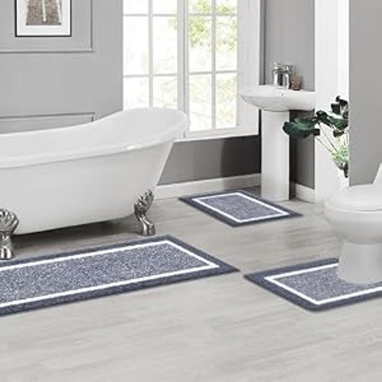 3 Piece Non Slip Washable Bathroom Rugs Set, Plush Absorbent Microfiber Bath Mat Shower Rug Runner, Quick Dry Super Soft U Shaped Toilet Mat Floor Carpet, Dark Grey