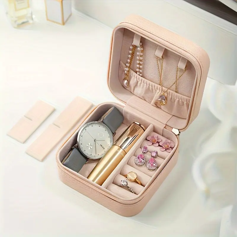 Portable Compact waterproof PU jewelry storage box with zipper and detachable compartments - perfect for rings, necklaces, watches, earrings. Portable mini travel storage and organization box with mirror, zipper bag, ring, ear stud, necklace jewelry box