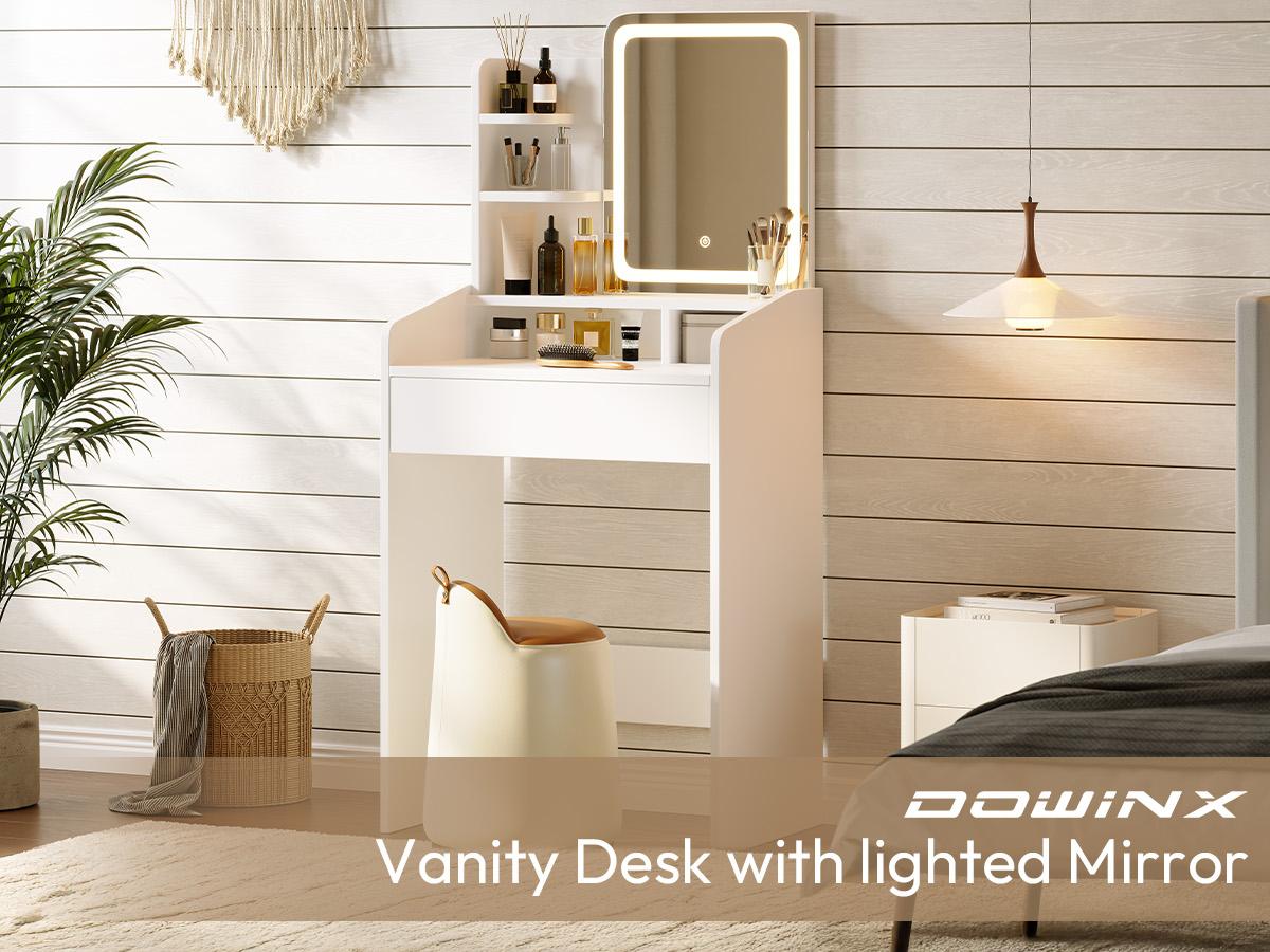 Dowinx Small Vanity Desk with Mirror and Lights, Makeup Vanity with Drawer & Storage Shelves, Makeup Desk with 3 Lighting Modes & Adjustable Brightness, Dressing Table for Women Girls Bedroom