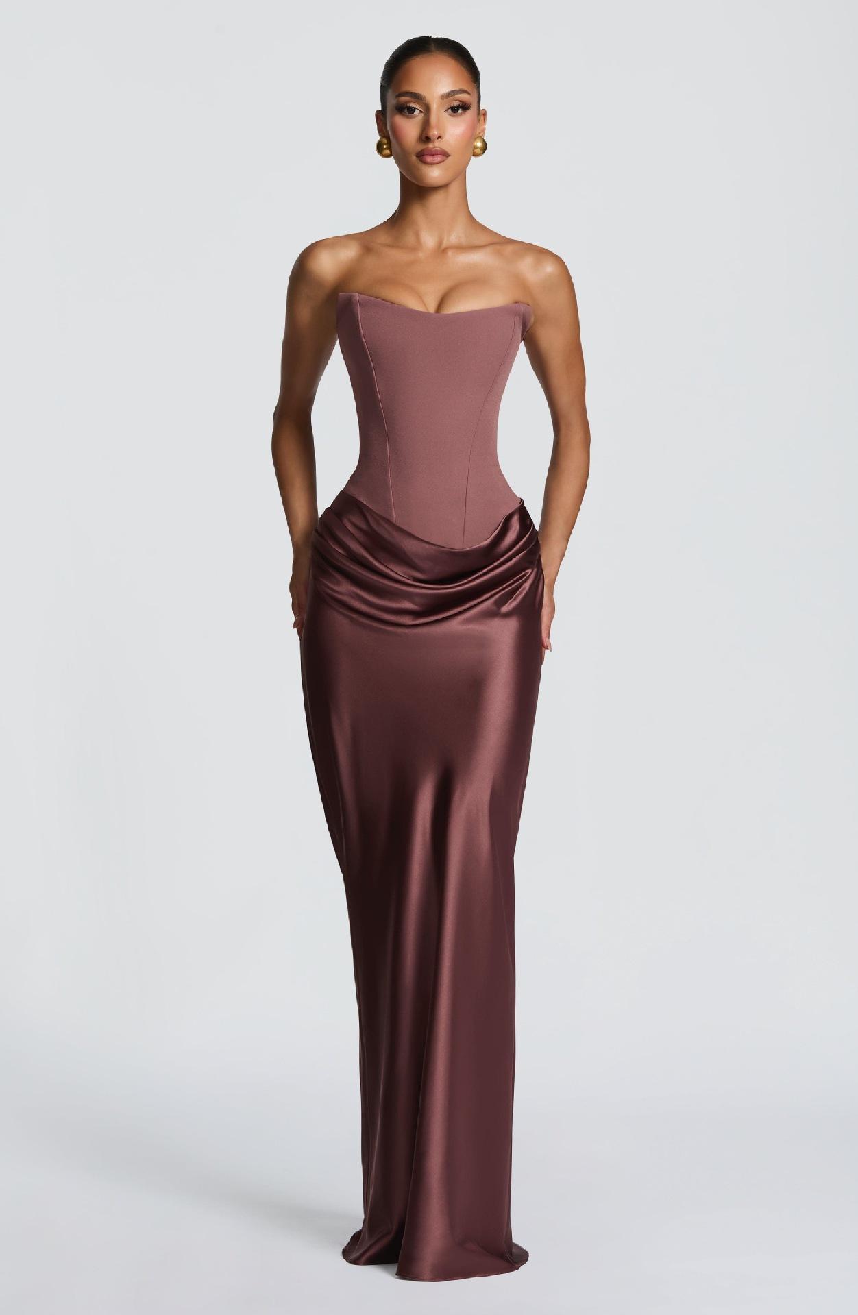 2026 European and American new style solid color waist-cinching sexy strapless bodycon long dress satin tie-back dress with ribbons