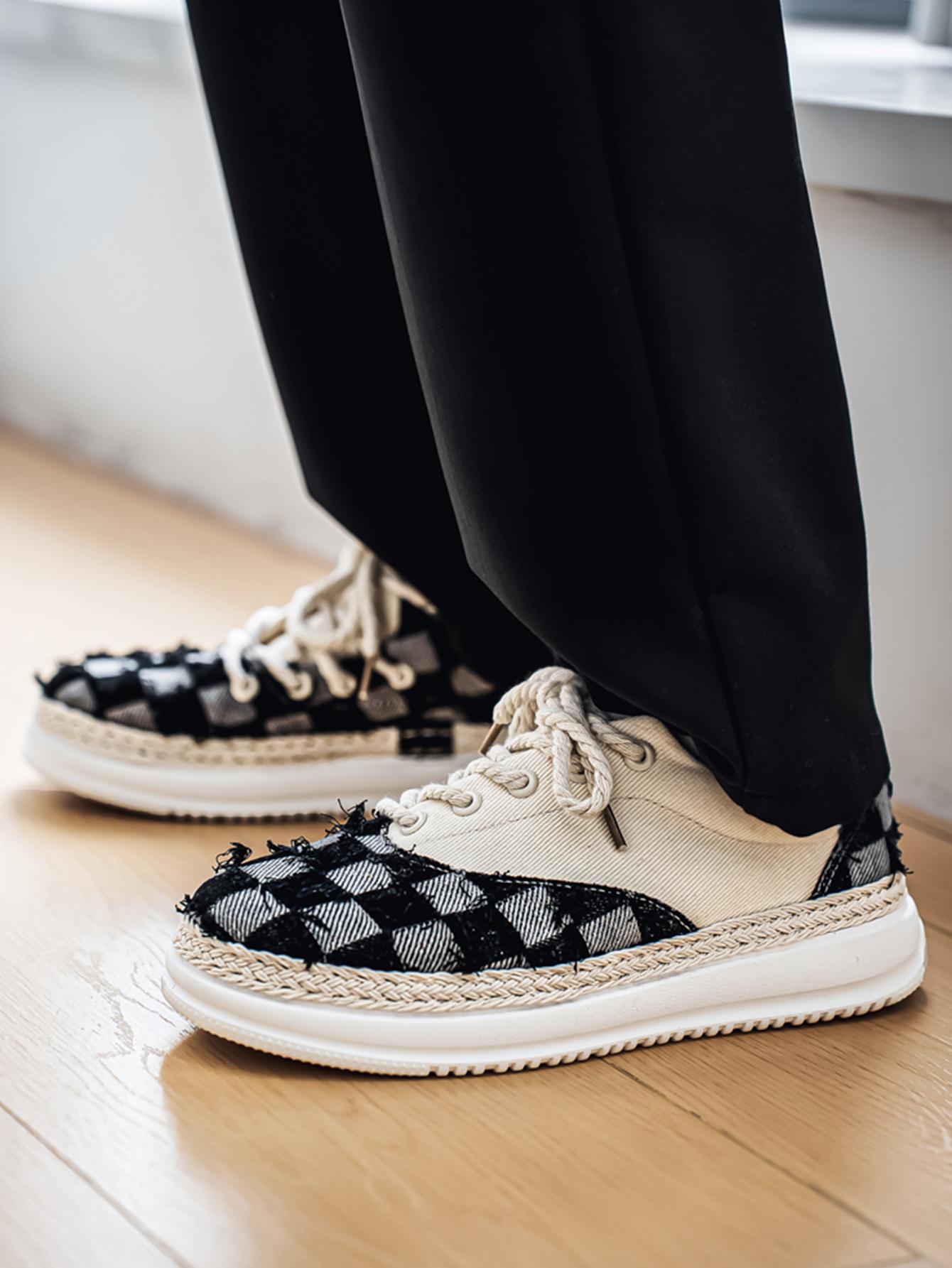 Summer New Men's Plaid Patchwork Hemp Rope Laces, Vintage Straw Trim Soft Elastic Thick Sole, Casual Checkered Shoes for Commute and Streetwear