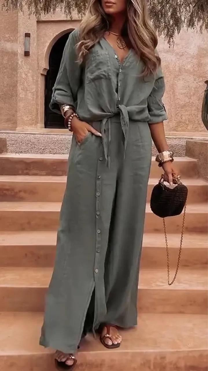 MOVRA1 Women's 2-Piece Lightweight Breathable Comfy Long-Sleeve Loose Fit Shirt Set with Tie Hem, Single Button-Decorated Wide Leg Pants with Slit, All-Season Casual Womenswear, Lady,, Longsleeves