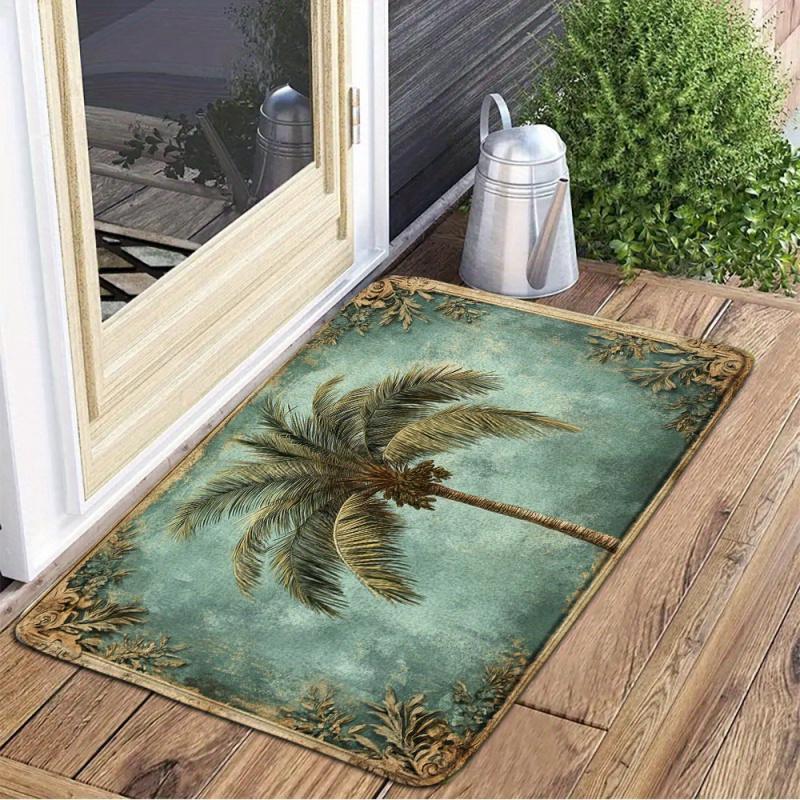 Tropical Retro Palm Tree Bath Mat Teal Background Eco Friendly Skin Friendly Ultra Soft Flannel Floor Rug Premium Non Slip Durable Absorbent Decorative Doormat For Bathroom Bedroom Living Room Kitchen Balcony Entryway Indoor Home Decor set