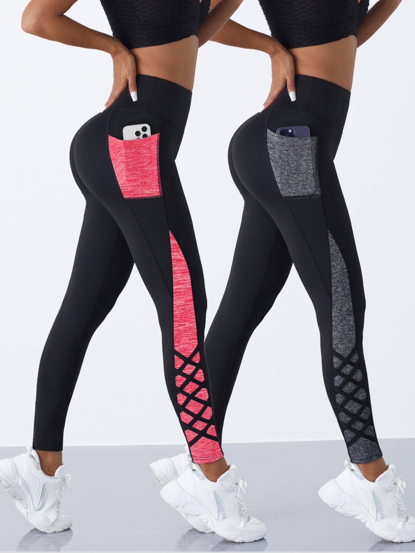 2 Pcs Crossover Straps Color Block Pocket Yoga Pants, Women's Sports Trousers, Suitable for All-seasons Wear, High Waisted Leggings