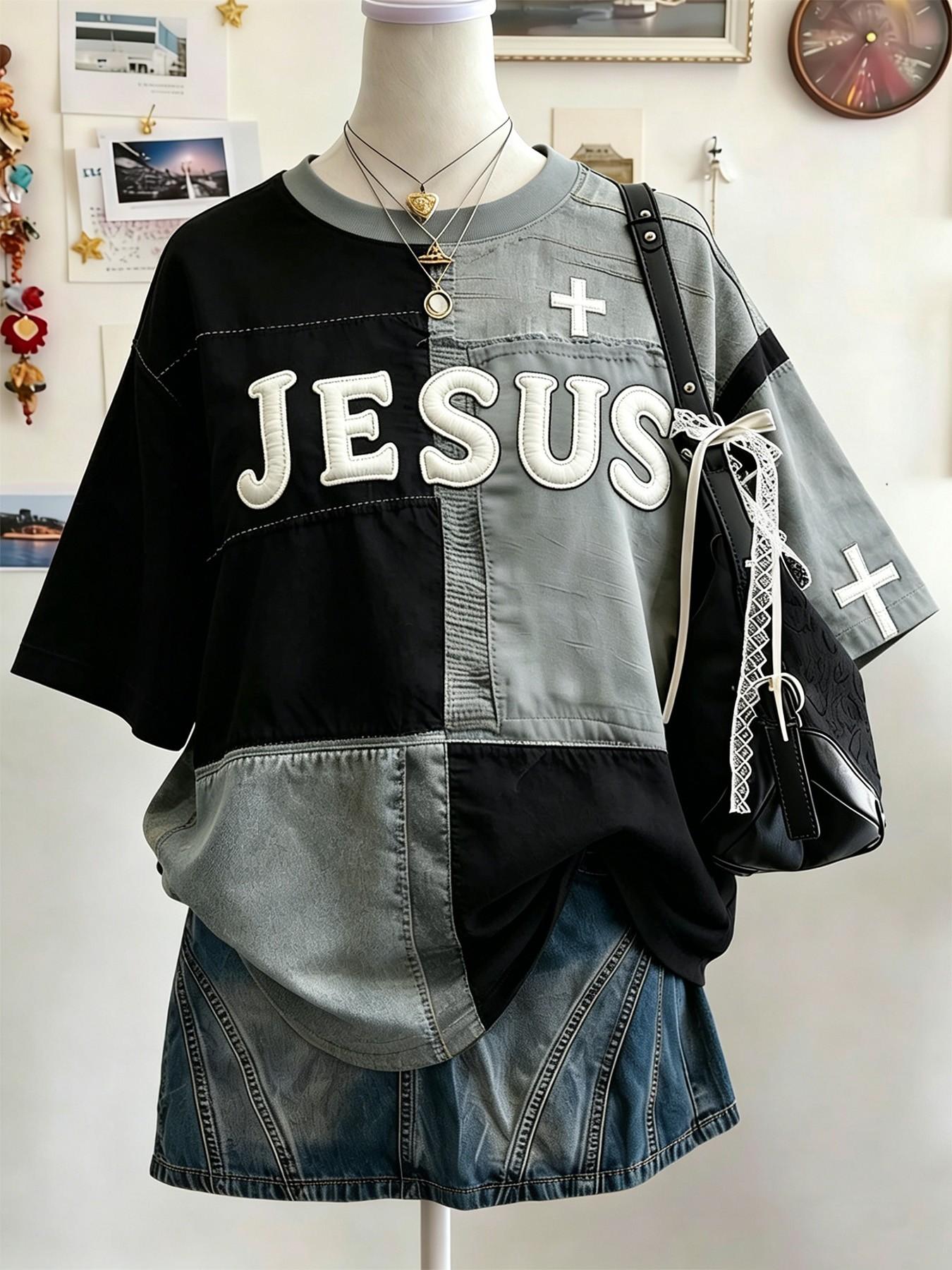 Vintage Patchwork Graphic T-Shirt, Bright Colors, Comfortable Jesus Cross Faith Pattern, Round Neck, Casual Daily Wear
