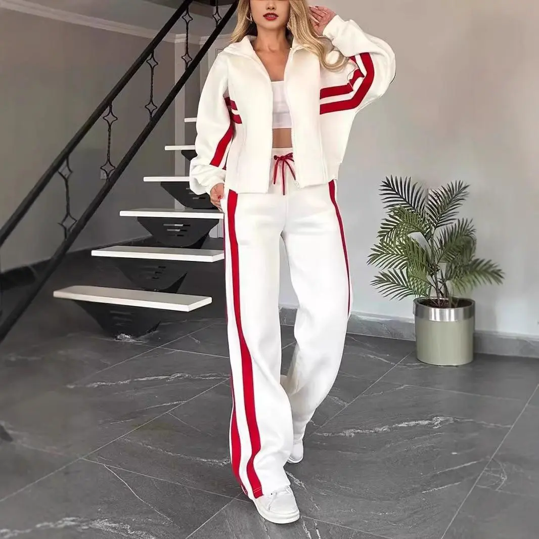 Women’s Y2K Contrast Stripe Tracksuit Set, Zip-Up Jacket and High-Waisted Wide-Leg Track Pants, Casual Fall Winter Two-Piece Athleisure Outfit