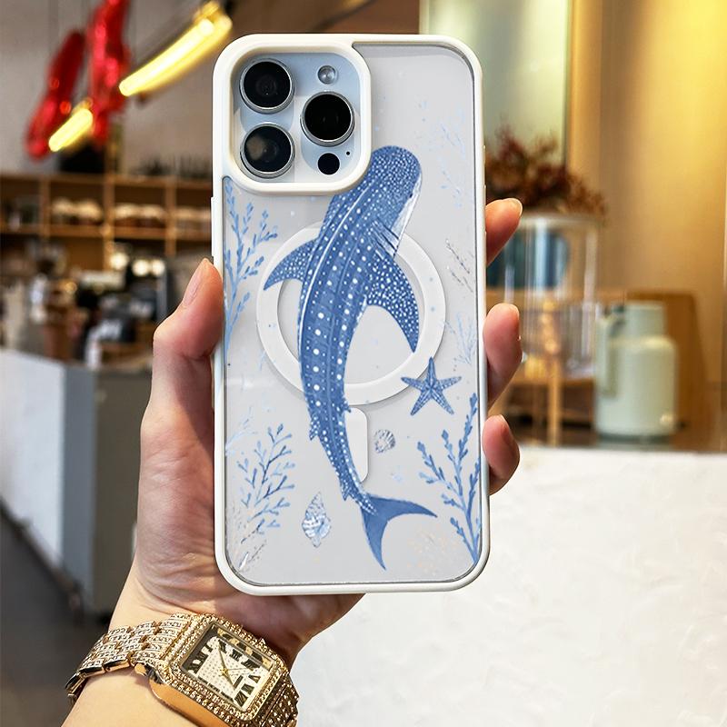 Marine Whale Shark Phone Case, Coastal Summer Aesthetic Style for iPhone 17 16 15 14 13 12 11 Plus Pro Max. Shockproof Gift for Women
