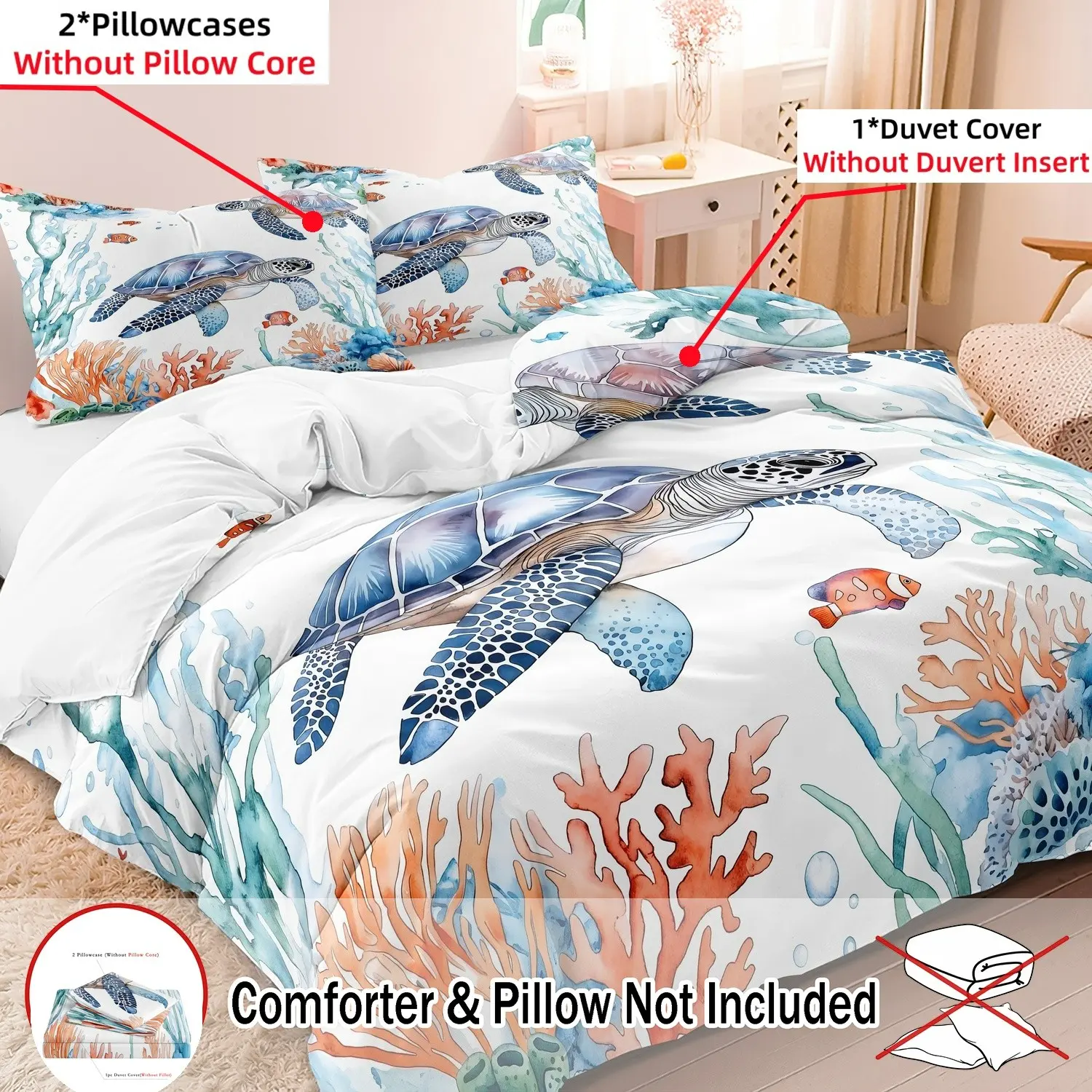 3pcs Set Tropical Coral Reef Turtle Duvet Cover, Vivid Underwater Scenery Theme Cool Bedding Set with Marine Elements, Perfect for Summer Beach Bedroom, Resort Hotel & Home (1 Duvet Cover + 2 Pillowcases, No Comforter, No Pillow), Comfy Bedding Set