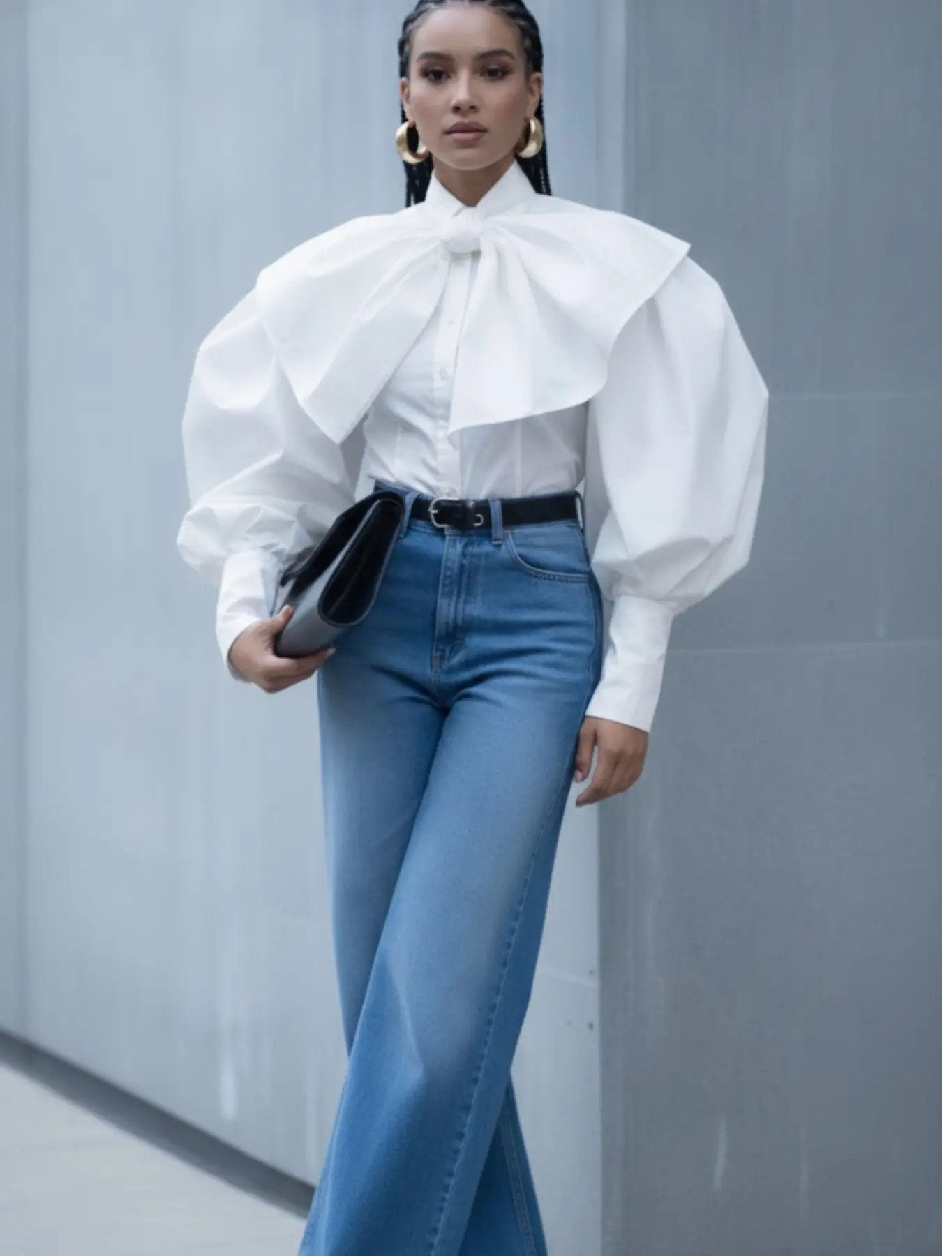 Women's Stand Collar Tie-Decor Long Sleeve Loose Shirt Blouse, Unique Shoulder Design, Perfect for Daily Outing, Casual Meetings, Urban Wear