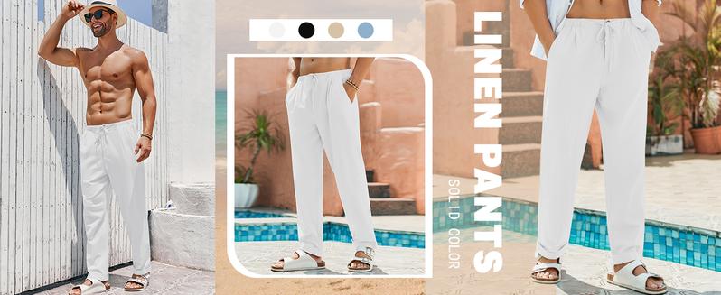 Runcati Men's Cotton Pants Yoga Beach Loose Summer Elastic Waist Drawstring Loose Pants with Pocket