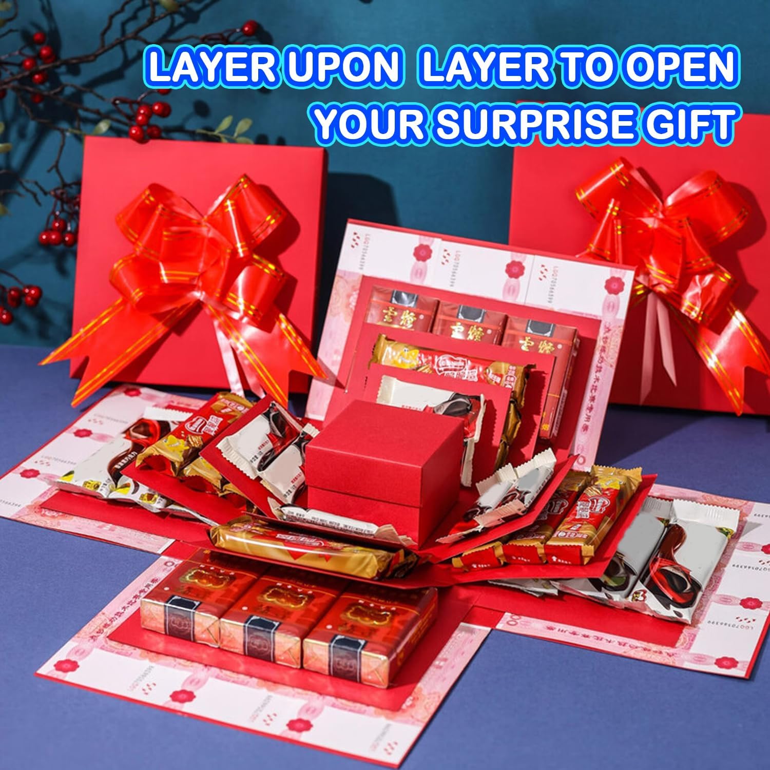5-Layer creative explosion  box,  wrap box. Creating a 5-Layer of various gifts by yourself. An ideal, mysterious self-made  for birthday, Christmas and anniversaries. (Red, Square)