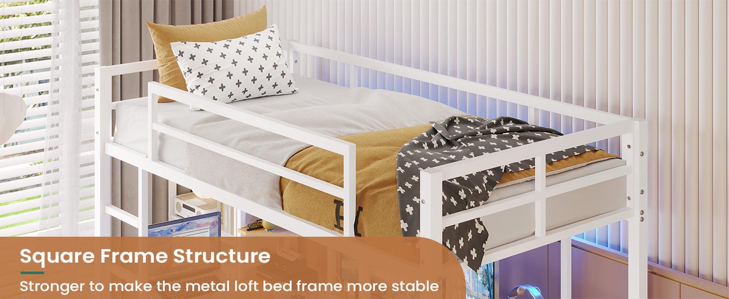 Sikaic Twin Size Loft Bed with U shaped Desk and LED Lights, Metal Bed Frame with Charging Station and Ladder, No Box Spring Needed, White Unique Bedroom Furniture