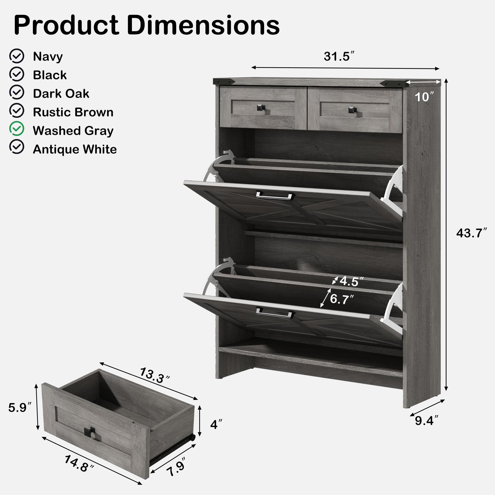Farmhouse Shoe Storage Cabinet with 2 Hidden Flip Drawers & 2 Drawers – Narrow Freestanding Shoe Rack Organizer with Adjustable Shelves for Entryway Farmhouse Shoe Storage Cabinet with 2 Hidden Flip Drawers & 2 Drawers – Narrow Freestanding Shoe Rack Organizer with Adjustable Shelves for Entryway