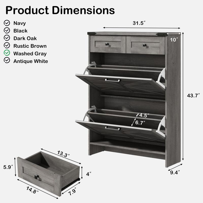 Farmhouse Shoe Storage Cabinet with 2 Hidden Flip Drawers & 2 Drawers – Narrow Freestanding Shoe Rack Organizer with Adjustable Shelves for Entryway