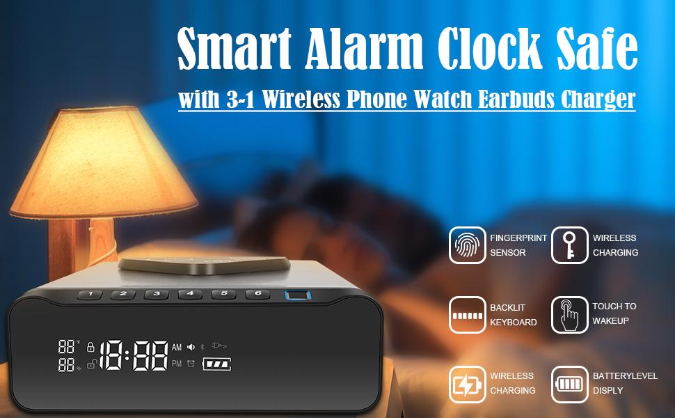 FTOP Biometric Fingerprint Gun Safe, Clock Handgun Safe with 3-in-1 Watch & Phone Wireless Charging, Drawer Lock, suitable for desktop storage of hand guns, Cash, Valuables- with Humidity Reader|Temperature| Alarm Clock| Screen