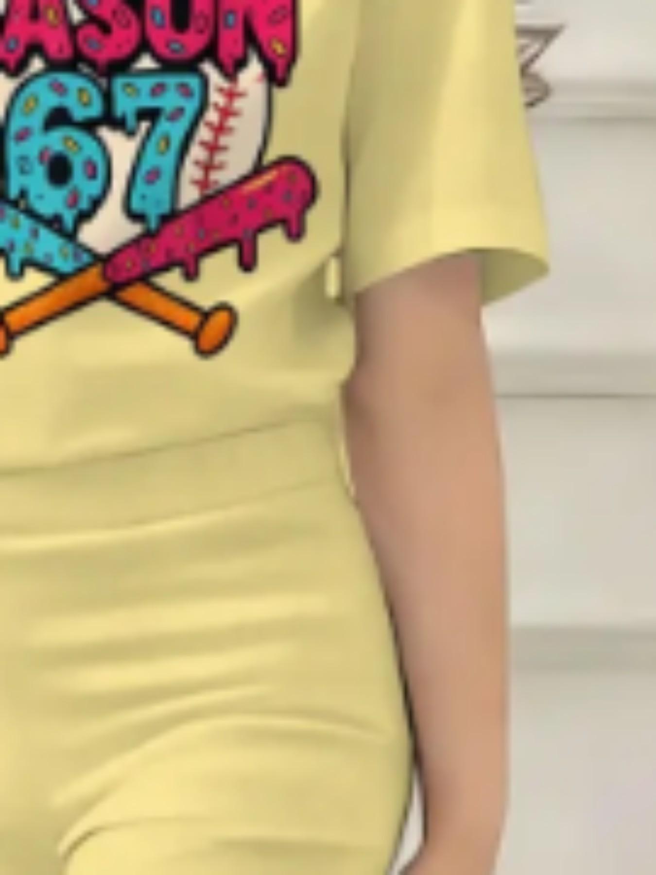 Girls' Bright Set, Number 67 Baseball Print Short Sleeve Top + Bell Pants, Cool Casual Two-Piece, Summer Comfortable Breathable Kids Clothes