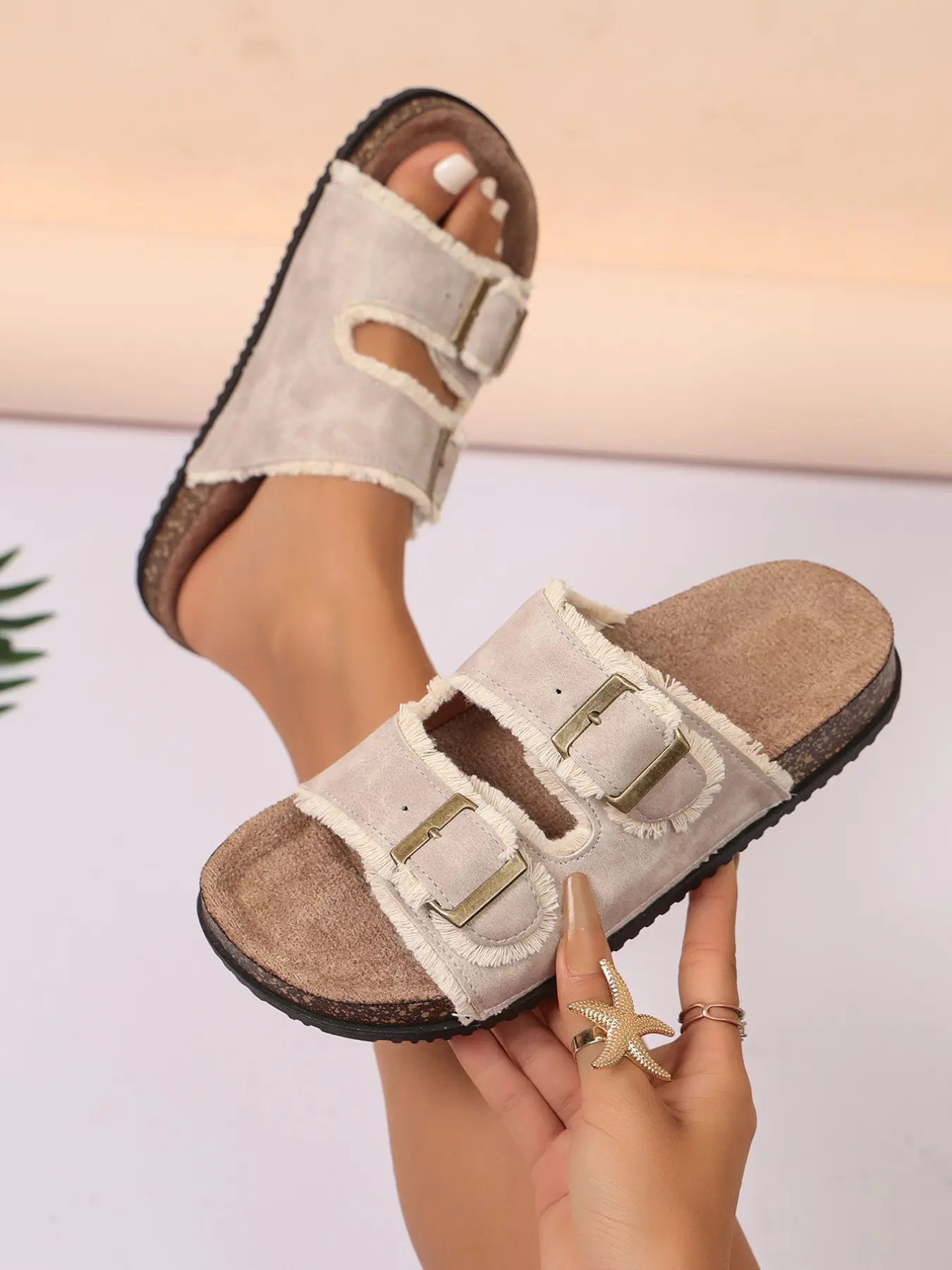 Summer New Double Buckle Thick Sole Sandals, Anti-Slip Durable European Style Women's Outdoor Casual Flip Flops, Comfortable and Stylish