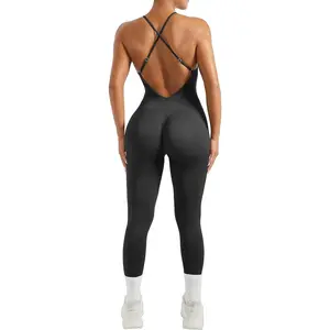 Women Strappy Backless One Piece Jumpsuits Tummy Control Padded Workout Rompers