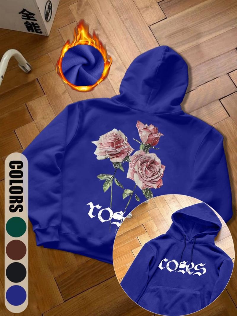 Street Fashion Pink Rose & Letter Print Hoodie - Retro Style Fleece-Lined Hooded Sweatshirt for Men in Colorful Blue/Black/Dark Green/Coffee, Autumn Winter Trendy Casual Pullover