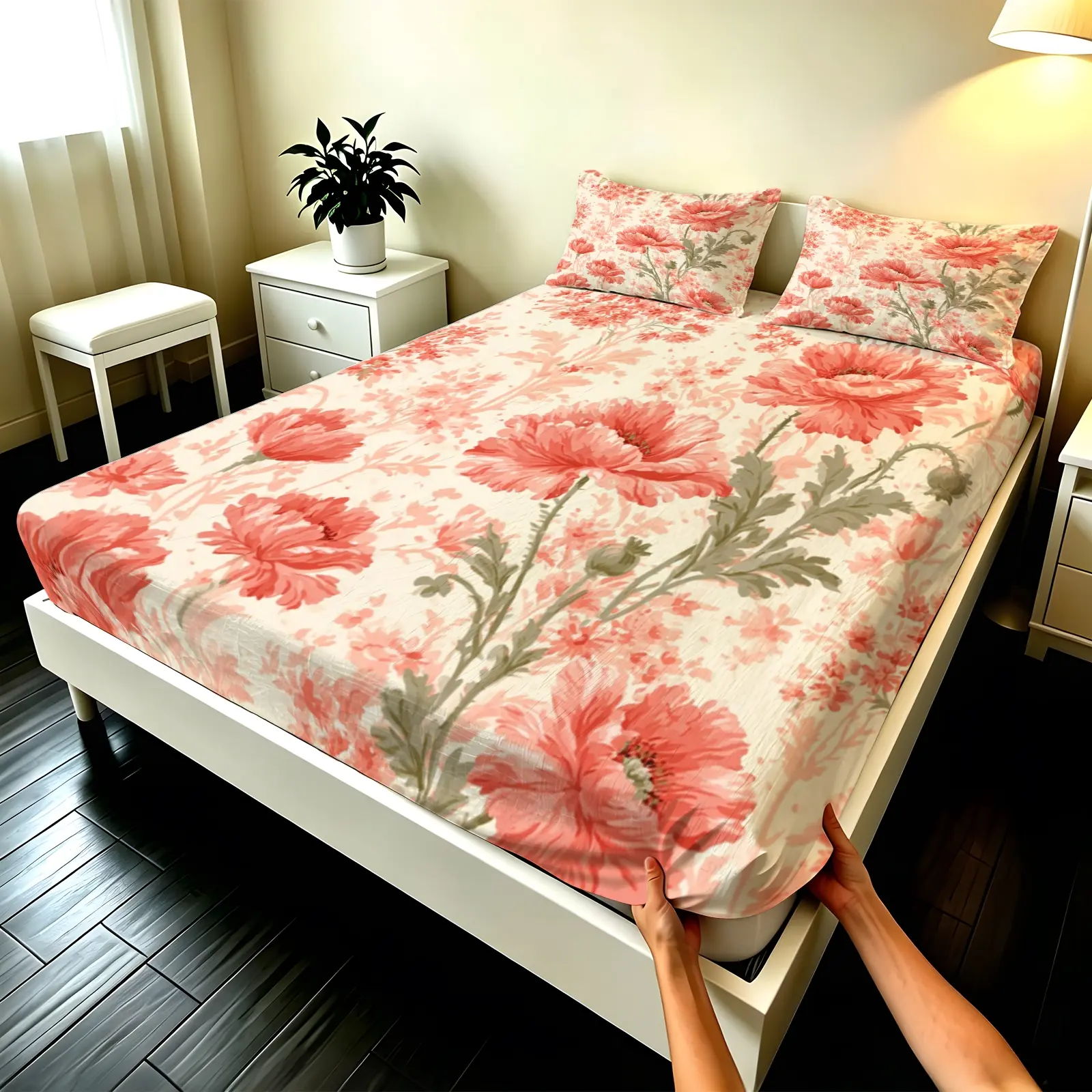 3pcs Fitted sheet Peony Floral Print Soft Microfiber Bedding Set Wrinkle Resistant Fade Proof Breathable Skin-friendly Comfortable for Bedroom Hotel Home Twin Full Queen King California King Size Bedding Sheets (Excluding filling and pillow inner)